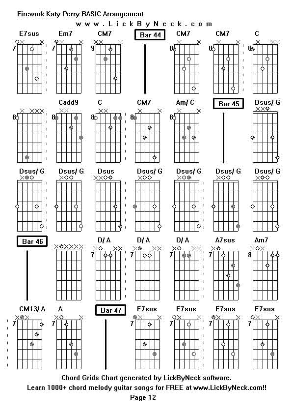 Chord Grids Chart of chord melody fingerstyle guitar song-Firework-Katy Perry-BASIC Arrangement,generated by LickByNeck software.